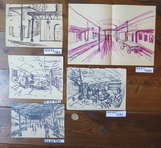SIX AUTHOR'S SKETCHES PREPARATORY DRAWINGS VIEW OF TRAIN STATION RAILWAY P28.5