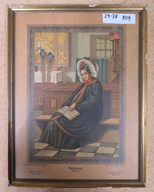 ANTICA STAMPA A COLORI BORNHOLM DANIMARCA DONNA IN ABITI D'EPOCA RITRATTO R114 - Belbello Antiques