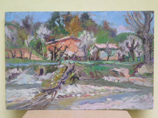 ANTIQUE OIL PAINTING ON TABLE COUNTRYSIDE LANDSCAPE PAINTING IN IMPRESSIONIST STYLE