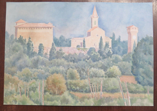 QUADRO ANTICO DIPINTO ACQUERELLO SU CARTA PAESAGGIO VEDUTA CAMPAGNA MODENA P31