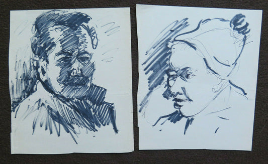 TWO OLD DRAWINGS STUDY SKETCHES MALE PORTRAIT HUMAN FACES P28.6