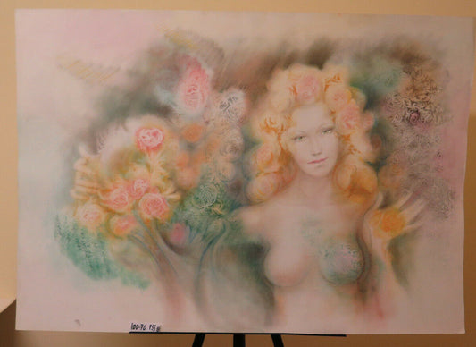 PAINTING OF FEMALE NUDE IN ABSTRACT BACKGROUND PAINTED WITH MIXED TECHNIQUE AUTHOR P33.8