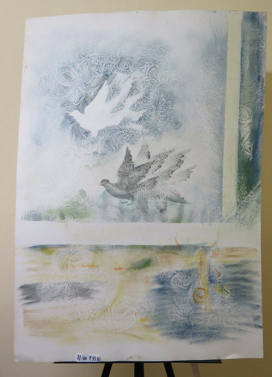VINTAGE PAINTING PAINTED WITH MIXED TECHNIQUE BIRDS IN FLYING PIGEONS ANIMALS P33.8