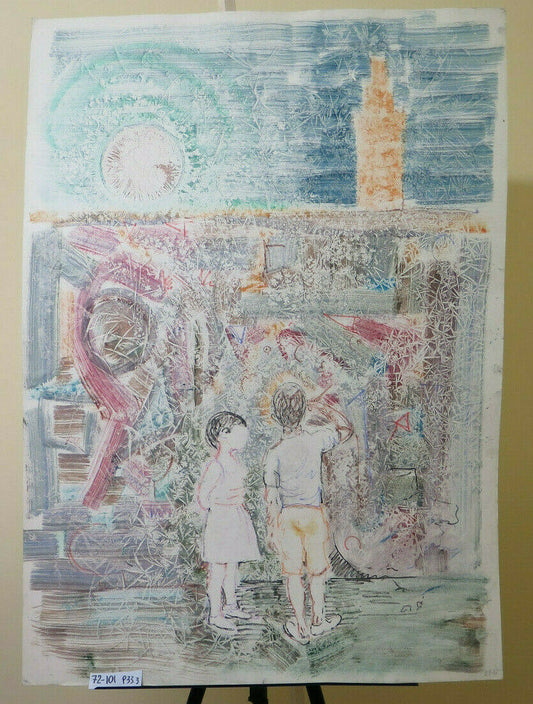 72x101 cm VINTAGE PAINTING MIXED TECHNIQUE POP CHILDREN PLAYING IN THE STREET P33.3