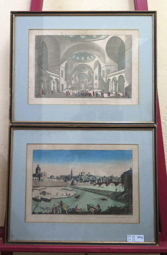 2 STAMPE ANTICHE VEDUTA FIRENZE CHIESA DI VENEZIA VEDUTA OTTICA INCISIONE  BM52 - Belbello Antiques