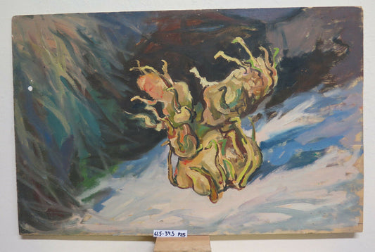 ANTIQUE OIL PAINTING ON INTERIOR TABLE WITH ABSTRACT STILL LIFE P25