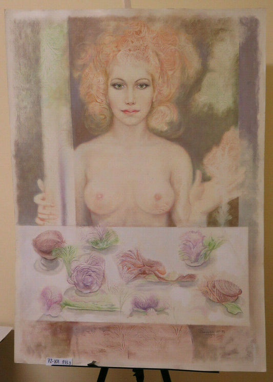 72x101 cm PAINTING PAINTED IN WATERCOLOR WITH FROST TECHNIQUE FEMALE NUDE P33.3