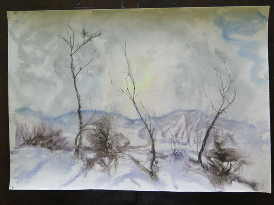 VINTAGE PAINTING DREAMY WINTER LANDSCAPE PAINTED WATERCOLOR PAPER 50x36 cm P14