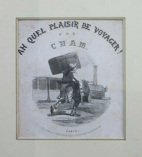 STAMPA ANTICA CHAM AH QUEL PLAISIR DE VOYAGER CHAM FROTESPIZIO CON CORNICE BM52
