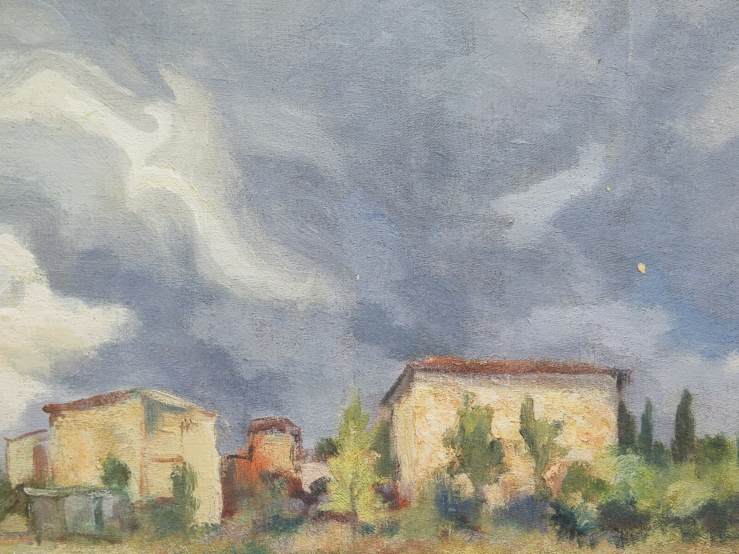 52x40 cm QUADRO AD OLIO DIPINTO SU TAVOLA PAESAGGIO CIELO NUVOLE TEMPORALE P21