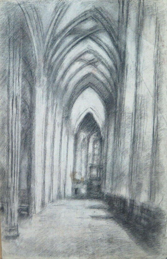 PAINTING ANTIQUE DRAWING INTERIOR GOTHIC CHURCH Pierre Eugène Duteurtre DUT BM53.1 