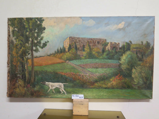 COUNTRY LANDSCAPE WITH HUNTING DOG OIL PAINTING ON CANVAS CERTIFIED P27