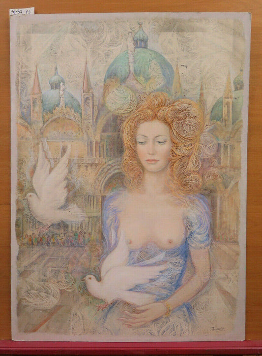 FROZEN WATERCOLOR PAINTING OF NUDE FEMALE PORTRAIT IN VENICE WITH PIGEONS PS