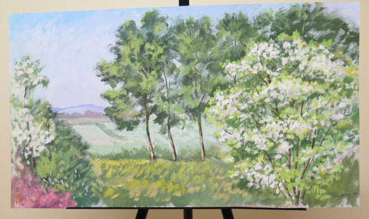 ANTICO DIPINTO OLIO SU TAVOLA QUADRO PAESAGGIO DI CAMPAGNA ALBERI IN FIORE P31