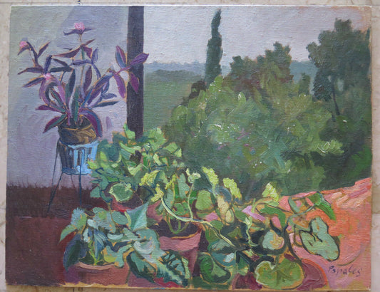 VIEW FROM THE WINDOW ANTIQUE PAINTING LANDSCAPE IN SPRING SIGNED ORIGINAL p8