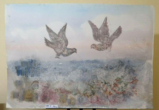 100x71 cm QUADRO ASTRATTO CON PICCIONI UCCELLI DIPINTO TECNICA DEL GELO P33.4 - Belbello Antiques