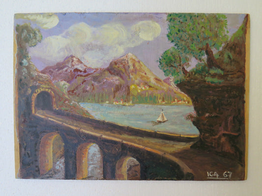 ANTIQUE OIL PAINTING ON TABLE LANDSCAPE ALPS ALPINE MOUNTAINS SIGNED p2