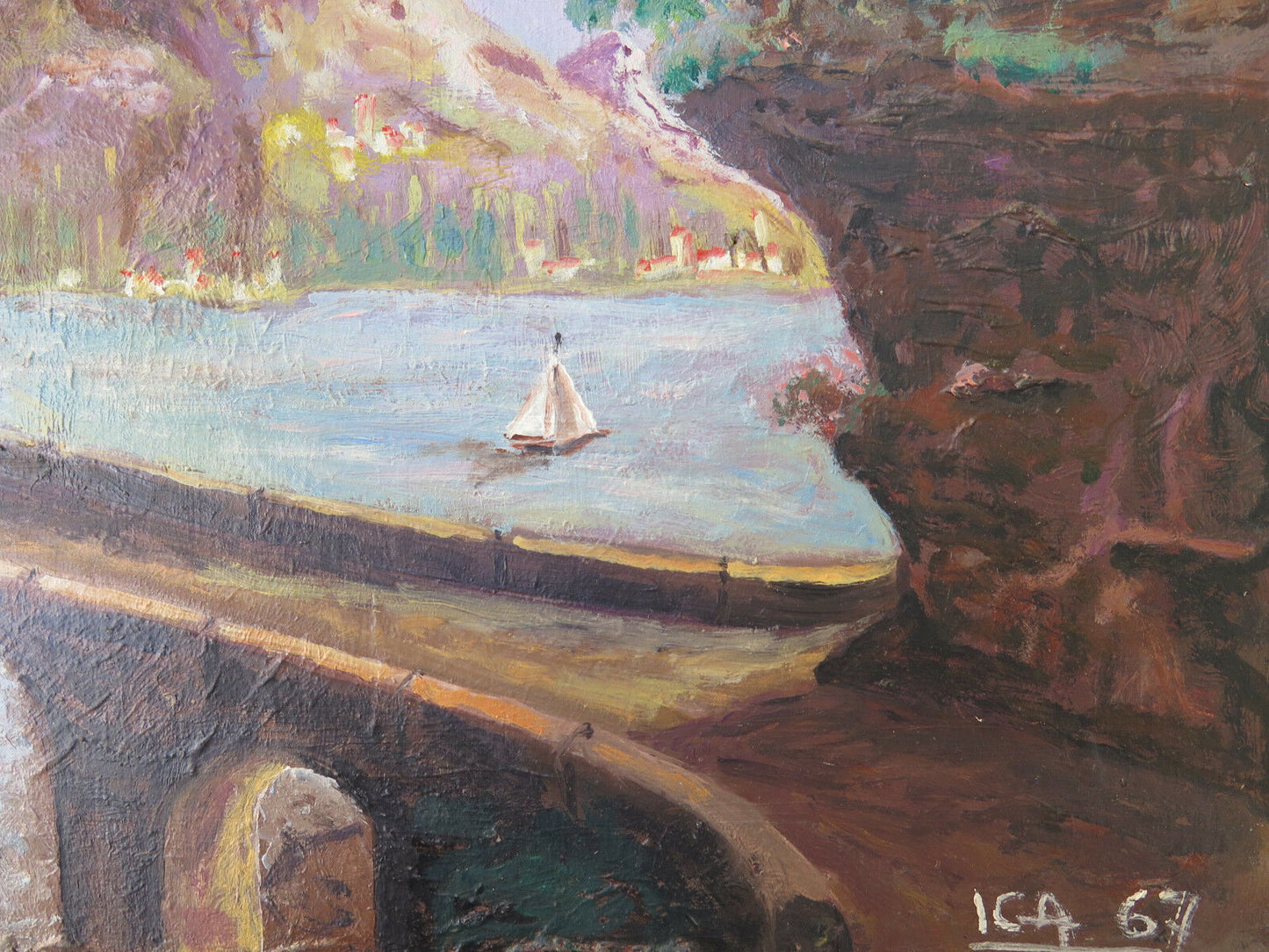 ANTIQUE OIL PAINTING ON TABLE LANDSCAPE ALPS ALPINE MOUNTAINS SIGNED p2