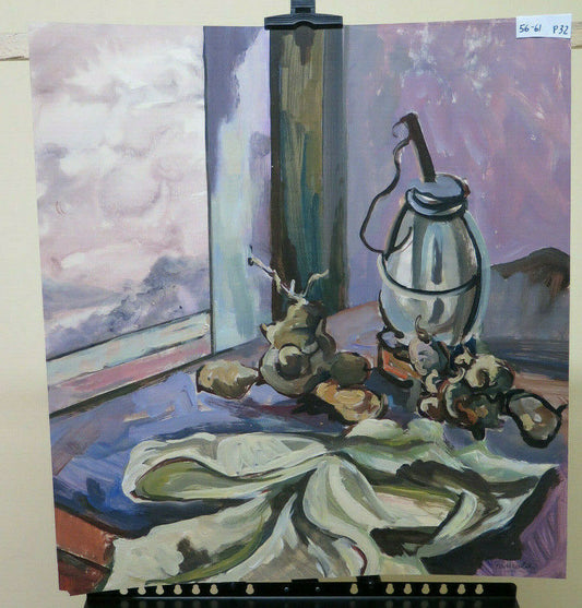 56x61 cm VINTAGE OIL PAINTING INTERIOR WITH STILL LIFE OBJECTS P32