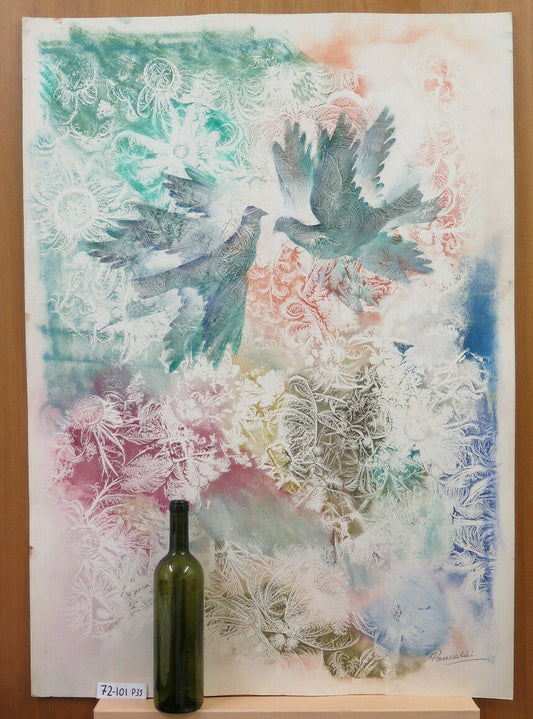 QUADRO ASTRATTO FIRMATO DIPINTO ACQUERELLO GHIACCIATO SU CARTA ANNI '80 P35