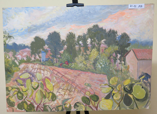 QUADRO VINTAGE DIPINTO OLIO VEDUTA DEI TETTI DI PIUMAZZO IN PROVINCIA MODENA P31