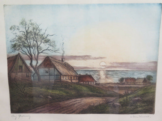 STAMPA ANTICA SCANDINAVIA PAESAGGIO NORD CAMPAGNA VINTAGE PRINT DENMARK  R103 - Belbello Antiques