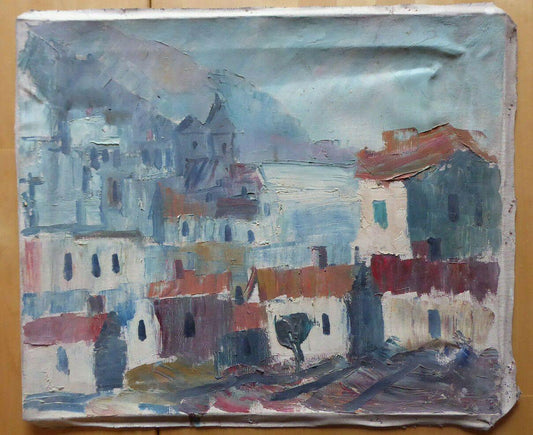 VECCHIO DIPINTO OLIO SU TELA ANNI 50 VEDUTA PAESE SPAGNA QUADRO VINTAGE MD3 - Belbello Antiques