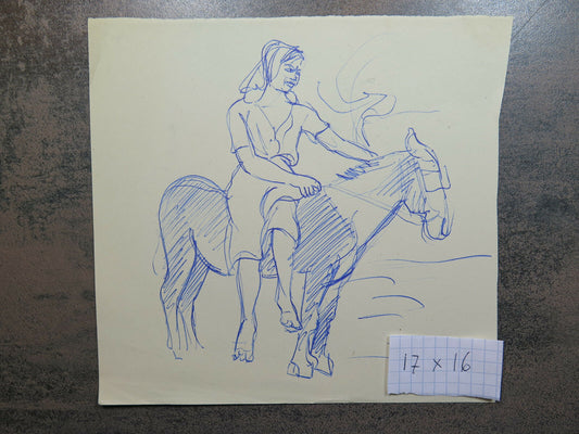 ANTIQUE DRAWING SKETCH PEN ON PAPER FEMALE FIGURE ON MULE P28