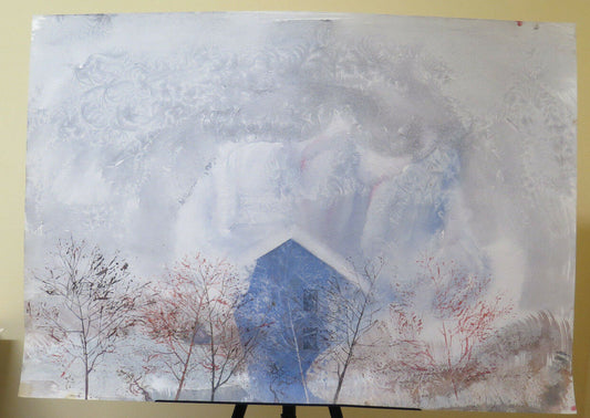 MODERN PAINTING WITH A FROZEN WINTER LANDSCAPE PAINTED IN MIXED TECHNIQUE P33.1
