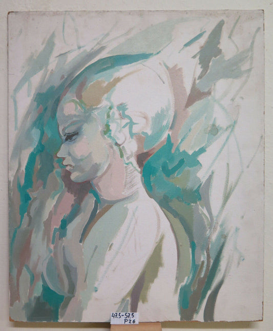 QUADRO MODERNO DIPINTO AD OLIO SU TAVOLA RITRATTO DI DONNA STILIZZATO 1960 P26