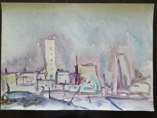 CITY VIEW VINTAGE PAINTING FROM THE 60S FROST TECHNIQUE PAINTING 50x35 cm P14