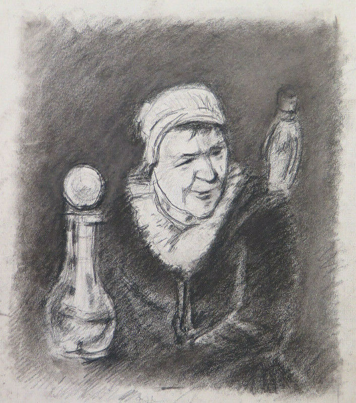 ANTIQUE DRAWING PORTRAIT OF AN ELDERLY LADY LANDSCAPE Pierre Duteurtre DUT BM53.1 