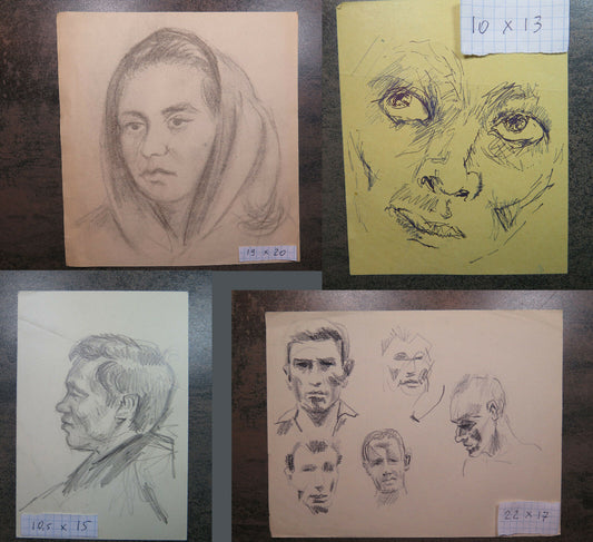 FOUR ANCIENT SKETCHES WITH STUDIES FOR MALE AND FEMALE PORTRAITS, 1950s P28