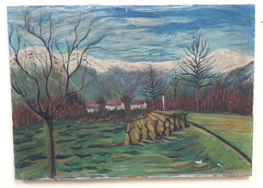 QUADRO OLIO SU TELA VECCHIO DIPINTO VINTAGE PAESAGGIO ALPI ALPINO FIRMATO BM52