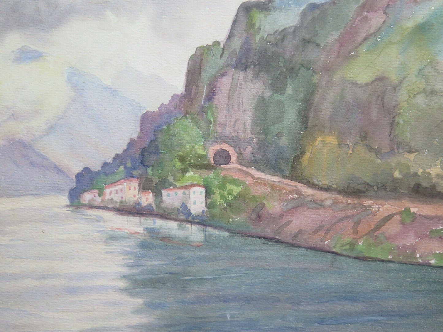 PAESAGGIO LACUSTRE FIRMATO DATATO VECCHIO DIPINTO PITTORE LOCALE 45x31 cm P14