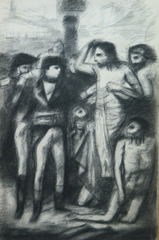 31x47 cm ANTIQUE CHARCOAL PAINTING SCENE FIGURES Pierre Duteurtre known as DUT BM53.1 