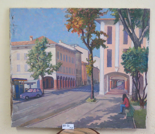 ANCIENT OIL PAINTING ON CANVAS CITY VIEW WORK PAINTER PANCALDI MODENA P27