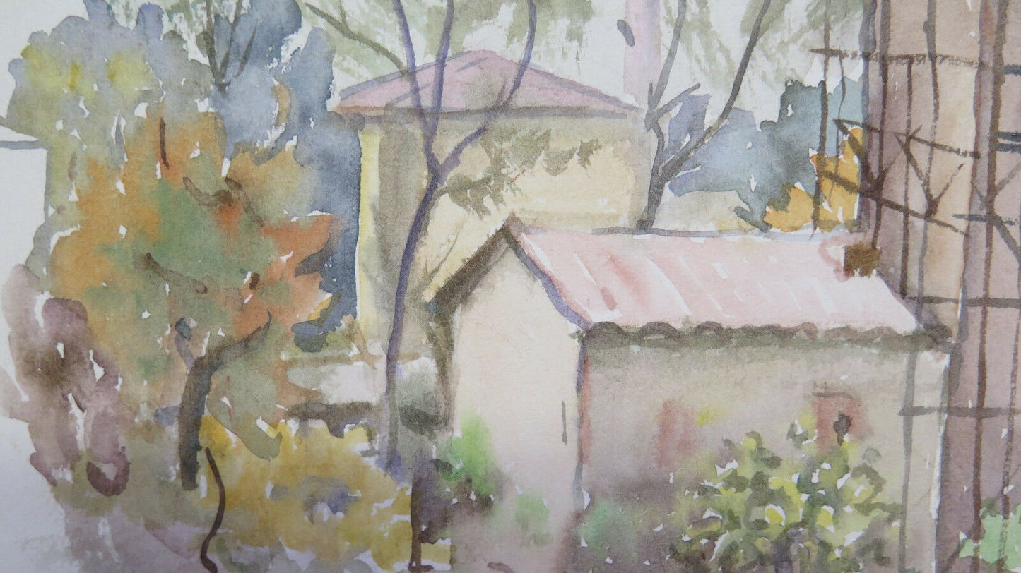 PICCOLO DIPINTO CIRCOLARE ACQUERELLO SU CARTA PAESAGGIO DI CAMPAGNA VINTAGE P31