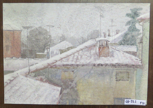 DIPINTO D'EPOCA VINTAGE PAESAGGIO CITTADINO INNEVATO ORIGINALE PANCALDI P31