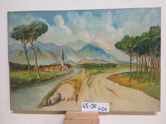 ANTIQUE OIL PAINTING ON BOARD SIGNED ALPINE LANDSCAPE MOUNTAINS IN SUMMER G24