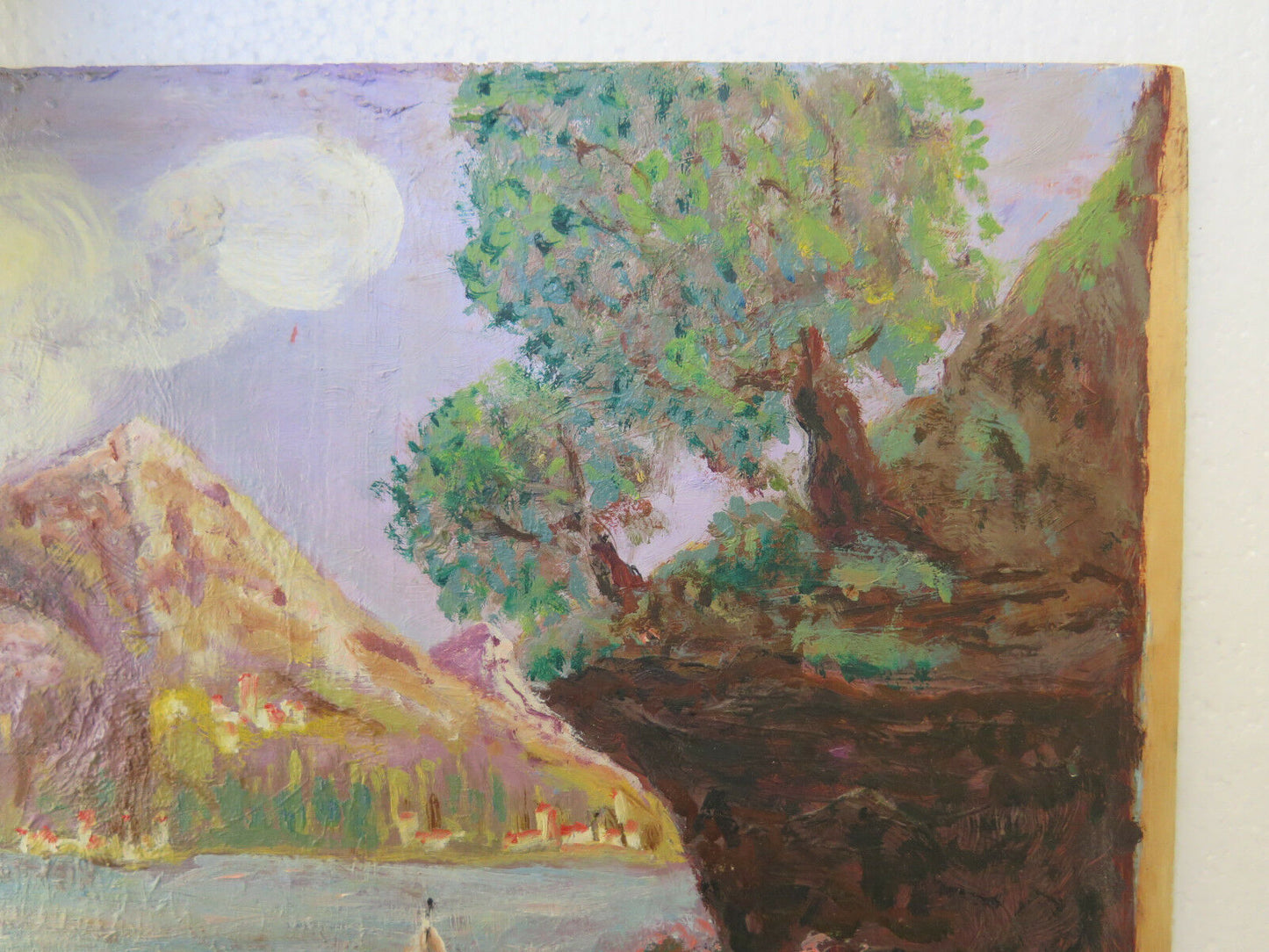 ANTIQUE OIL PAINTING ON TABLE LANDSCAPE ALPS ALPINE MOUNTAINS SIGNED p2