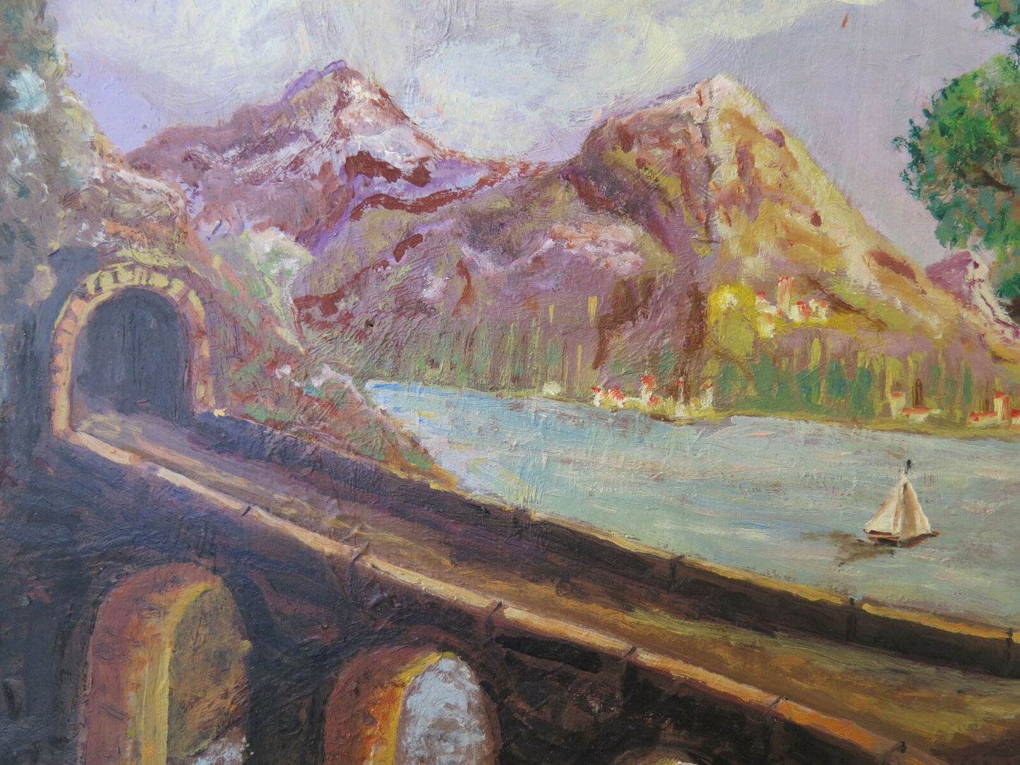 ANTIQUE OIL PAINTING ON TABLE LANDSCAPE ALPS ALPINE MOUNTAINS SIGNED p2