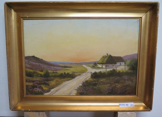 PAESAGGIO NORDICO AL TRAMONTO ANTICO DIPINTO OLIO TELA DANIMARCA PRIMO 900 R93