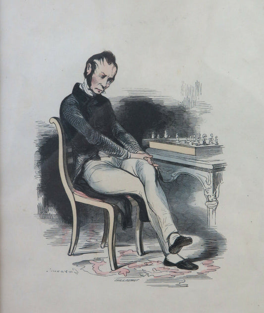 LITOGRAFIA ANTICA DI Paul Gavarni GIOCATORE DI SCACCHI FRANCIA XIX SECOLO BM41