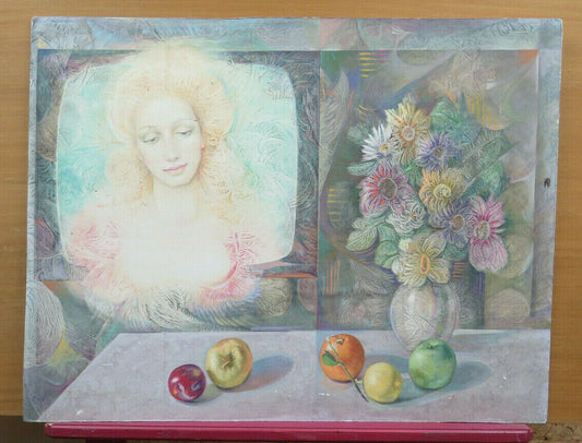 DIPINTO VINTAGE AD ACQUERELLO RITRATTO FEMMINILE QUADRO POP ART 1980 POP ART PS