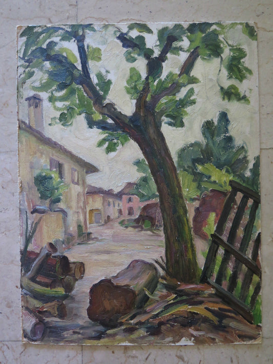 VIEW OF THE COURTYARD ANTIQUE OIL PAINTING ON TABLE COUNTRYSIDE LANDSCAPE p8