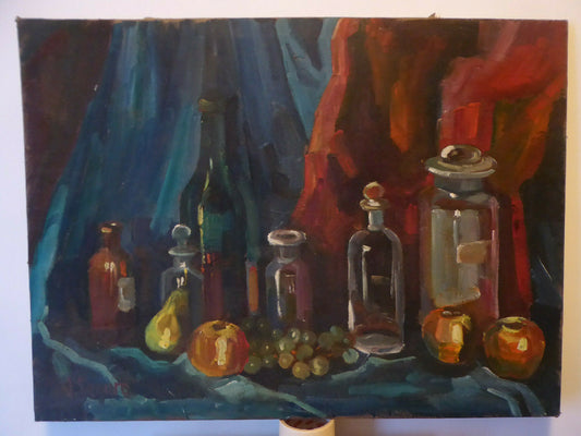INTERIOR WITH OBJECTS OLD OIL PAINTING ON CANVAS STILL LIFE SIGNED SEGURA MD9 
