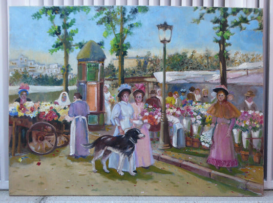 VINTAGE OIL PAINTING SCENE WITH LADIES AND FLOWERS WORK SPANISH PAINTER SEGURA MD9 