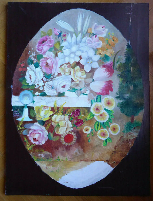 OLD OVAL FLOWER PAINTING OIL PAINTING ON CANVAS SPAIN MID 20TH CENTURY MD8 