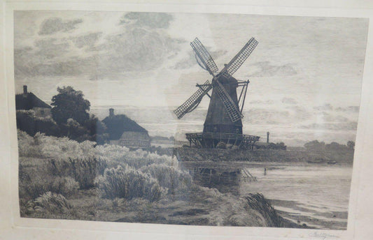 STAMPA ANTICA PAESAGGIO DANIMARCA MULINI FIRMATA AXEL HOLM VINTAGE PRINT R103 - Belbello Antiques